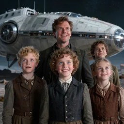 extremely sharply detailed, from blockbuster sci fi 8 k color movie freeze frame, set in 1 8 6 0, family standing in front of a crashed spaceship, on alien planet, looking happy, wearing 1 8 5 0 s era clothes, atmospheric lighting, in focus, reflective eyes, - 8 mm macro lens, live action, nice composition, good photography, clear facial details
