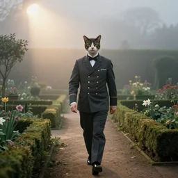 an old unclear color-faded photo captured by accident in 1990s about a man has a cat face in hotel clerk uniform walk around in a 18th century style garden and smile to the camera, foggy weather atmosphere, spotlight