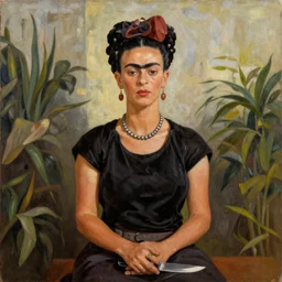 oil painting of Frida kahlo standing and holding a knife