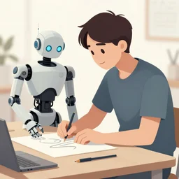 a human and an robot working together to make art, in an illustration featured on deviantart,