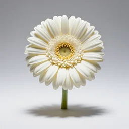 albino gerbera daisy, studio photography, full body, isolated on a pure white background, centered, entire subject in frame, sharp focus, soft studio lighting
