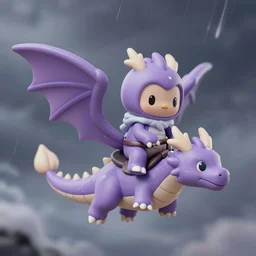 super - detailed tamagotchi riding a purple dragon in a storm, ultrarealistic, highly detailed, soft colors