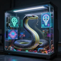 Snake in holograms of alien artifacts, electrical case display, total recall tech, ultrarealistic, dramatic lighting, electrical details, high details, 4k, 8k, best, accurate, trending on artstation, artstation, photorealism, ultrarealistic, digital painting, style of, Caravaggio, Peter Mohrbacher, Boris Vallejo