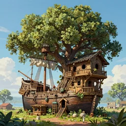 A treehouse made out of a derelict pirate ship, the treetops of giant oaks, pub, detailed illustration, digital art, overdetailed art, concept art, highly saturated colors, detailed illustration, hd, 4k, digital art,  cgsociety and beeple highly detailed, cinematic lighting, illustration, art, very coherent. high detail, Dan Mumford, Greg, Rutkowski, trending on artstation