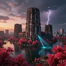 a beautiful ultradetailed render of fort unfinished building abandoned urbex city by ilya kuvshinov, elysian sunset at night at dusk alien fisheye at dawn flowers infrared steampunk nature tokyo thunderstorm junglepunk lake uv light water laser, archdaily, wallpaper, highly detailed, trending on artstation.