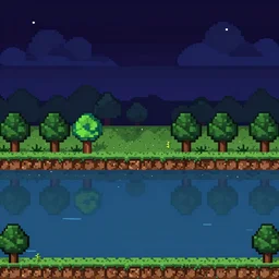 screenshot of pixel art landscape, night sky reflected in the water, terraria
