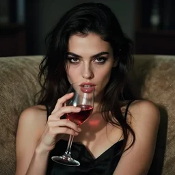 an insanely detailed portrait of a beautiful woman looking at you, dark brown eyes, long eyelashes, she is biting her bottom lip and sitting on a large sofa, she holds a glass of wine, in the style of peter mohrbacher, artgerm, dramatic lighting and composition, octane render, trending on artstation, concept art 8 k