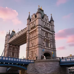 giant girl!! towering over the bridge, against the sky, clouds, pink sunset, classicism style