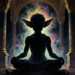 a close - up view portrait of a silhouetted cosmic goblin meditating with iridescent glow - fi baroque neoclassicist halls. detailed textures. glowing colourful fog, dark black background. highly detailed fantasy fiction painting by moebius, norman rockwell, frank frazetta, and syd mead. rich colors, high contrast. artstation