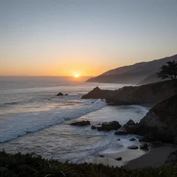 The coast of Big Sur by Greg Rutkowski, sunrise, epic atmosphere, Trending on Artstation, serene, calm