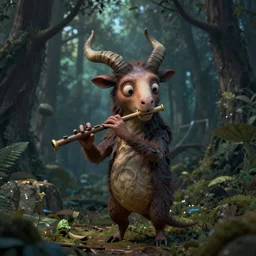 faun animal with horns playing a flute in the forest, style of Guillermo Del Toro