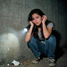 A young woman, long hair, fear, left ear, left hand, flash light, dirty Concrete wall, dust, trash ; basement , night; 90's professional color photograph