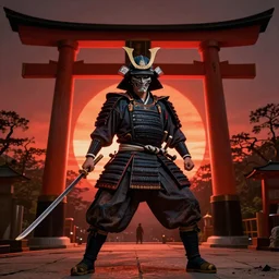 a godlike and indomitable helmeted and masked samurai posing with their weapons under an enormous Torii gate, flaming red rising sun in the background. Badass pose. Photo realistic. Award winning
