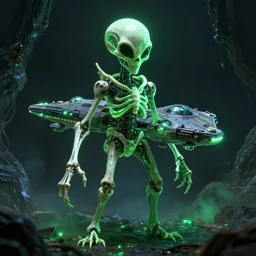 alien spaceship made out of bones by feng zhu, neon, glow, green, horror,