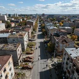 top down aerial view of dilapidated city center in real life, desolate with zombies, dilapidated, zombies in the streets, nightmarish, some rusted style parked vehicles, sunny weather, few clouds, volumetric lighting, photorealistic, daytime, autumn, sharp focus, ultra detailed, cgsociety