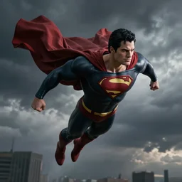 hyper realistic black superman flying. super dialed. super muscled