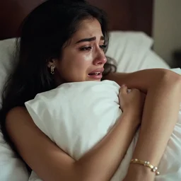 ultra high resolution photograph a beautiful young woman crying desperately on her bed. she is from columbia. right profile photo. her face is partially obscured by a pillow. she is holding pillow tightly in her hands. she is wearing make - up and expensive jewlery. the light is dim, and the colours are muted. kodak ektar 1 0 0.