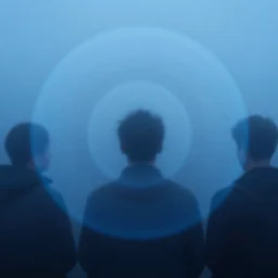 people seen through a blue fog with circular patterns in it, by luigi russolo