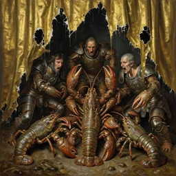 painting of varied filthy rugated armored crustaceans clawing & terrified by shred hung brass torn curtains claustrophobically grotesques clustered by vincente b ballestar, by francesco blanc, & by jack gaughan high resolution, hyper detailed, cinematic, ornate masterpiece, shot on imax with full frame on signature prime lens
