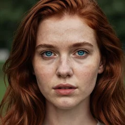 close up portrait photograph of a anesthetic beautiful!!! thin young redhead woman with russian descent, sunbathed skin, with deep blue (round!!! (Symmetrical!!! eyes)) . Wavy long maroon colored hair. she looks directly at the camera. Slightly open mouth, face takes up half of the photo. a park visible in the background. 55mm nikon. Intricate. Very detailed 8k texture. Sharp. Cinematic post-processing. Award winning portrait photography. Sharp eyes.