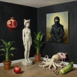 realistic painting of a tidy female artist's apartment, black dripping walls, tall emo catgirl, stone sculpture, a pig, a ninja inside a painting on black walls, pomegranate, bromeliads, ivory, octopus, a courgette, berries, zen, sensual, surrealist painting by magritte and rousseau and kawase hasui