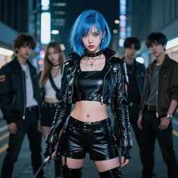 hyper realistic photograph portrait of cyberpunk pretty girl with blue hair, wearing a full leather outfit, holding a whip, in city street at night, by makoto shinkai, ilya kuvshinov, lois van baarle, rossdraws, basquiat