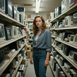 cinematic shot of octavia spencer in an small used electronics store, iconic scene from the paranoid thriller sci fi film directed by stanley kubrick, anamorphic cinematography, beautiful composition, color theory, leading lines, photorealistic, volumetric lighting, f / 2 2