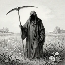 faceless grim reaper with veil over face holding scythe at distance in beautiful meadow of flowers, detailed pencil illustration by gustave dore, highly detailed, centered, high resolution, smooth, sharp focus, illustration