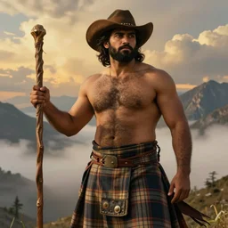an ethereal dramatic epic beautiful painting of a shirtless handsome beefy hairy desi man | he is wearing a plaid kilt and cowboy hat, and holding a wooden staff | background is mountains and clouds | dramatic lighting, golden hour, homoerotic | by mark maggiori, by walter crane, by charles m. russell, by frederic remington | trending on artstation