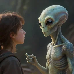 beautiful pictorial illustration of an alien conversing with a human