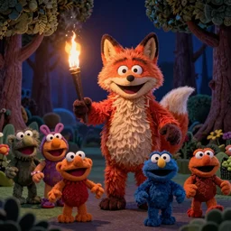 a large fox colored furby muppet holding a lit torch and herding a bunch of random muppet animals following behind through a dark felt forest at night, sesame street, photograph, photography, ultrarealistic, national geographic
