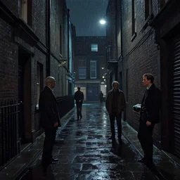 concept art, dark wet london alley at night, by ashley wood, by roger deakins, in the style of syd mead and liam wong