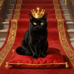 long shot of a black cat wearing a golden shining crown, sitting on a red pillow, fantasy, intricate, red carpet with golden trim leading up to cat, raised platform, highly detailed, digital painting, artstation, sharp focus, art by tian zi and wlop and alphonse mucha
