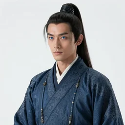 male shaolin monk with a pigtail!!!! asian facial features and blue eyes!! intricate ornate blue robes!! character concept art, sharp focus, octane render! unreal engine 5! highly rendered!! trending on artstation!! detailed linework!! illustration by artgerm, wlop, and chie yoshii