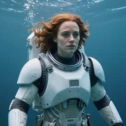 underwater portrait of emma stone as a space marine, hyper detailed, digital art, cinematic lighting, studio quality, smooth render, unreal engine 5, octane rendered, art style by klimt and nixeu and ian sprigger and wlop and krenz cushart.