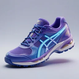 realistic 3 d render of a futuristic sneaker, beautiful studio lighting, soft, sharp focus, neon glowing lines, intricate detail, purple and blue leather, soft white rubber, shiny plastic, hexagon mesh, gold filigree, octane render, side view, close up, trending on artstation, deviantart, nike, asics, salomon