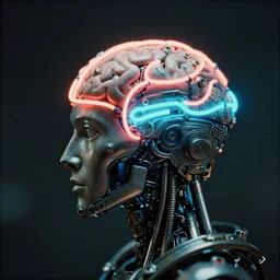 2 8 mm macro photo of metal brain with neon tubes half covered with cybernetic enhancements as seen from a distance, scifi character portrait by greg rutkowski, canon 5 0 mm, film, photography, esuthio, craig mullins, 1 / 4 headshot, cinematic lighting, dystopian scifi gear, gloomy, profile picture, mechanical, half robot, implants, solarpunk