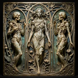 detailed realistic memento mori by toko okamoto, gothic ornament, skulls, bones, art nouveau, neogothic, ornate art nouveau botanicals, horizontal symmetry