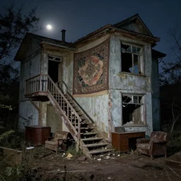 abandoned dusty small house with damaged stairs, peeling tapestry, dirty ground, old furnitures, moonlight through old broken windows, hyperdetailed, artstation, cgsociety, 8 k