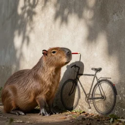 a capybara using a red pencil to draw a bicycle on a wall
