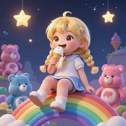 An epic fantasy comic book style portrait painting of an adorable little albino girl with blonde dreads eating ice cream, smiling, sitting on top of a rainbow, high quality, stars, rainbow, care bear land with my little pony vibes, atmospheric fantasy setting, unreal 5, DAZ, hyperrealistic, octane render, RPG portrait, ambient light, dynamic lighting