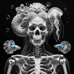 close-up portrait goddess skull, thorax, x-ray, backbone, jellyfish phoenix head, nautilus, orchid, betta fish, bioluminiscent creatures, dark deep complex air bubbles in background, intricate artwork by Tooth Wu and wlop and beeple. octane render, trending on artstation, greg rutkowski very coherent symmetrical artwork. cinematic, black and white, contrasted, hyper realism, high detail, octane render, 8k