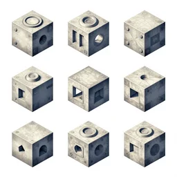 different isometric props by the artist Arthur Gimaldinov Rendering six different isometric game assets on the shape of blocks , full of details, by Evan Lee and Jason Nguyen , art book, trending on artstation