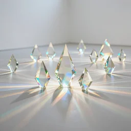 the art of tokujin yoshioka numerous crystal prisms placed in direct reflection of light that refract and bounce infinite rays of colour throughout the wide and white, cinematic focus, soft lights