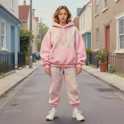 sydney sweeney in the style of martine johanna and david choe, wearing a hoodie, standing in a township street, street fashion outfit,!! haute couture!!, full figure painting by martine johanna, artgerm, ismail inceoglu, pastel color palette, sharp focus, detailed, intricate, elegant, 2 4 mm lens
