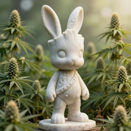 rabbit groot as marble statue, in marijuanas gardens, soft surface texture, very realistic 3 d render, soft sun lights, 4 k, high detailed photography result, 5 0 mm lens, rich deep colors, smooth gradients, depth of field, cinematic, hyper realism, high detail, octane render, unreal engine, 8 k, vibrant colors