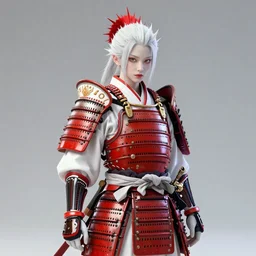 beautiful albino maiko samurai  armor, photograph, award wining, red and white, trending on artstation, punk attitude, 4k, unreal engine 5, octane render, neon highlights