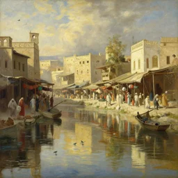 a movimented market painted by jan baptist huysmans, reflective water, waterfals, birds, nature, middle east, epic painting, cgsociety, beautiful, semirealism, artstation, volumetric light, octane render, sharpness, 8 k, golden ratio