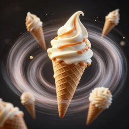 stunning person comprised of ice cream cones and vanilla ice cream caramel swirl, intricate detail, centrifugal forces, greg rutkowski, octane render, trending on artstation, 4 k