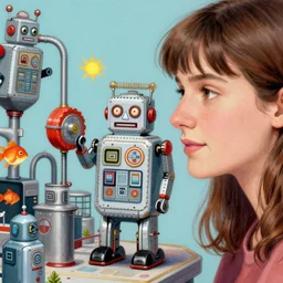 closeup profile portrait of a 1 9 5 0 s tin toy robot factory, nicoletta ceccoli, mark ryden, lostfish, max fleischer, hyper realistic, artstation, illustration, digital paint, matte paint, vivid colors, bright, cheerful, detailed and intricate environment